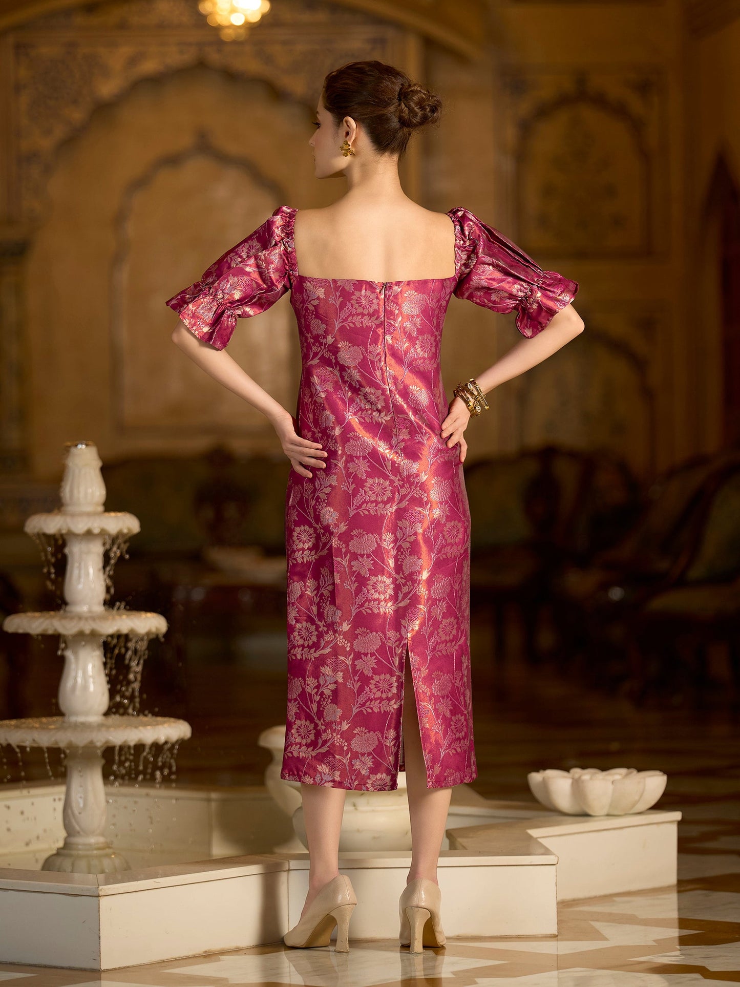 Pink Midi Length Embellished Puff Sleeve Dress