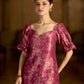 Pink Midi Length Embellished Puff Sleeve Dress