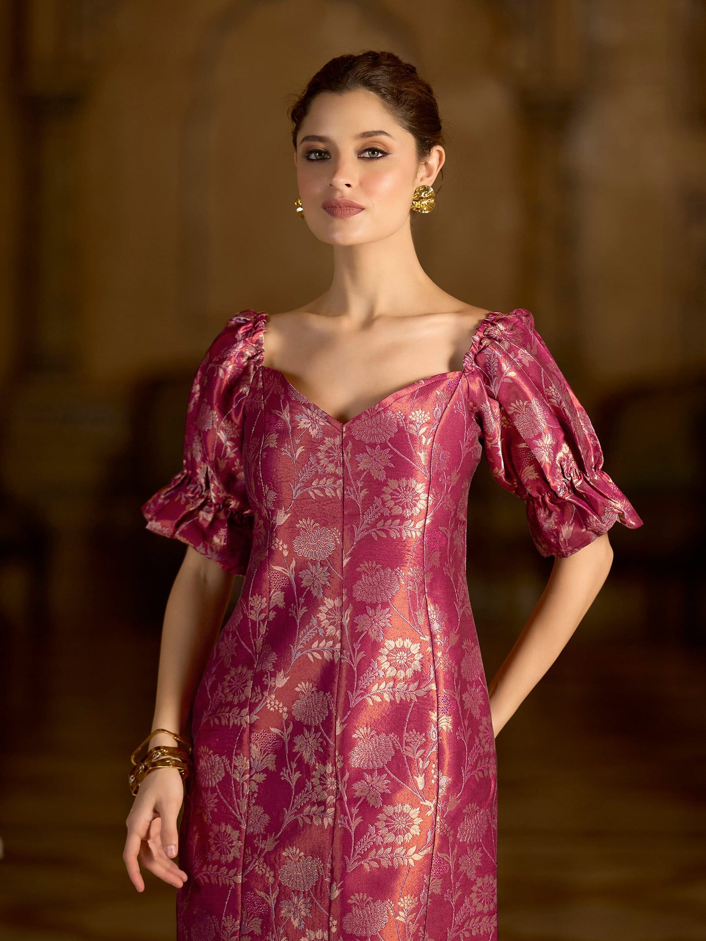 Pink Midi Length Embellished Puff Sleeve Dress