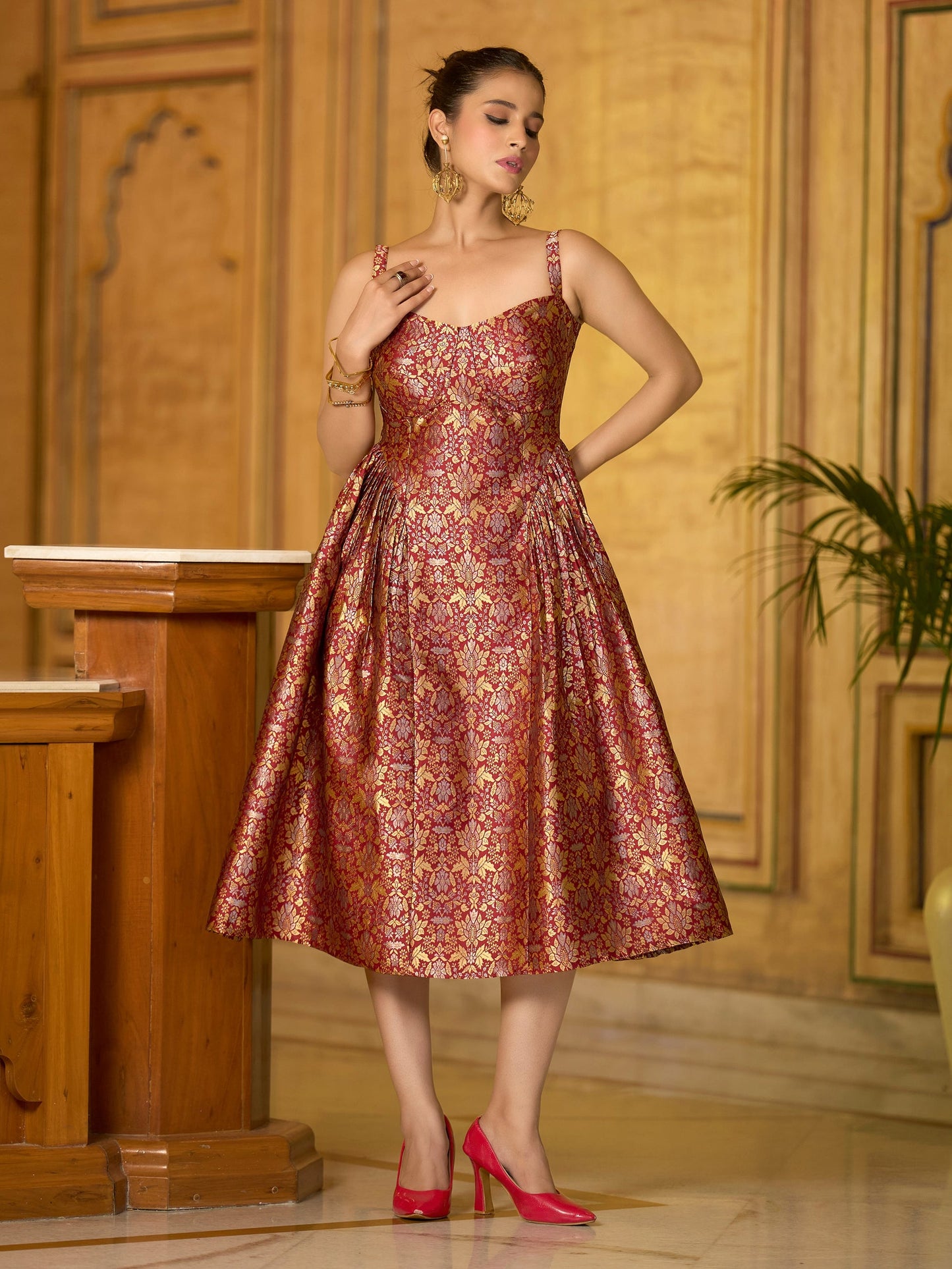 Maroon Sleeveless Emblished Midi Length Dress