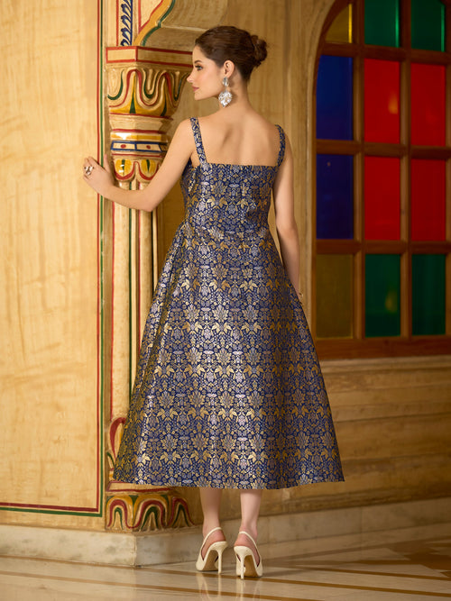 Navy Sleeveless Emblished Midi Length Dress