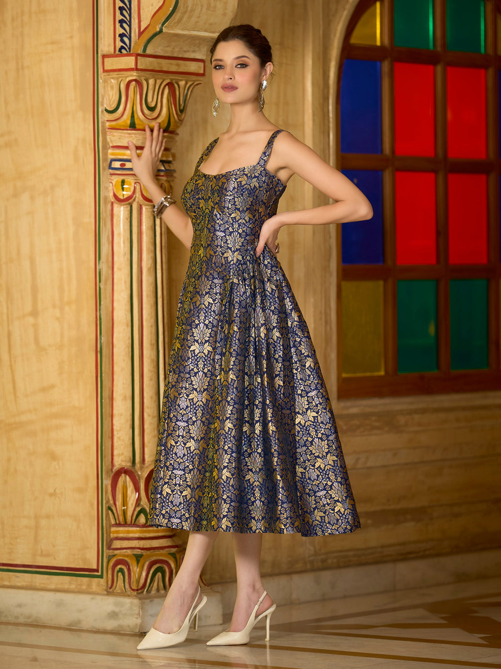 Navy Sleeveless Emblished Midi Length Dress