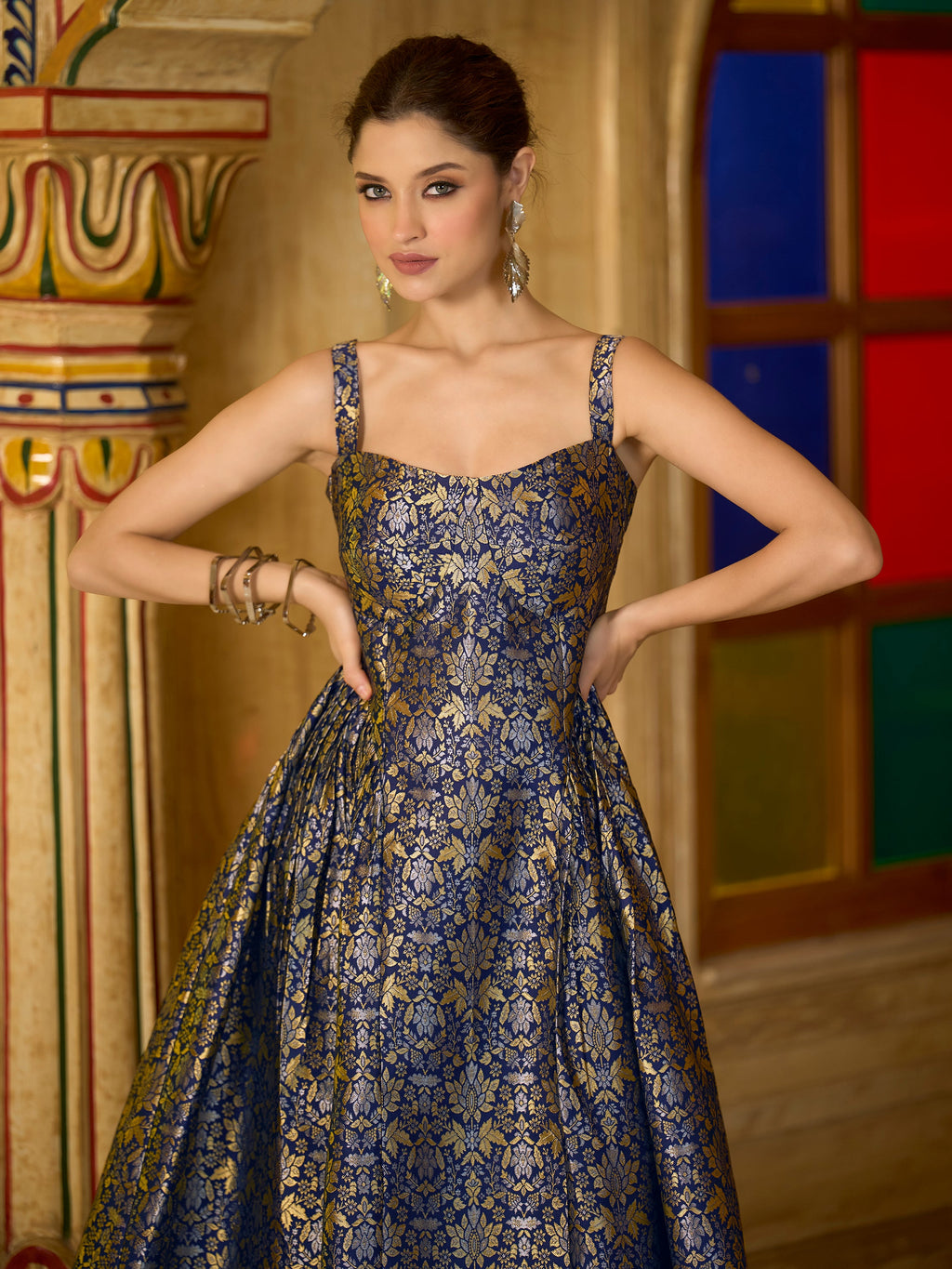 Navy Sleeveless Emblished Midi Length Dress