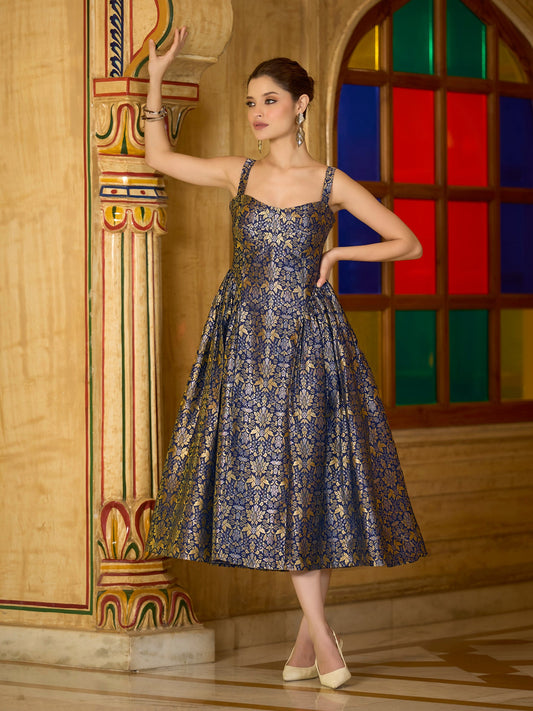 Navy Sleeveless Emblished Midi Length Dress