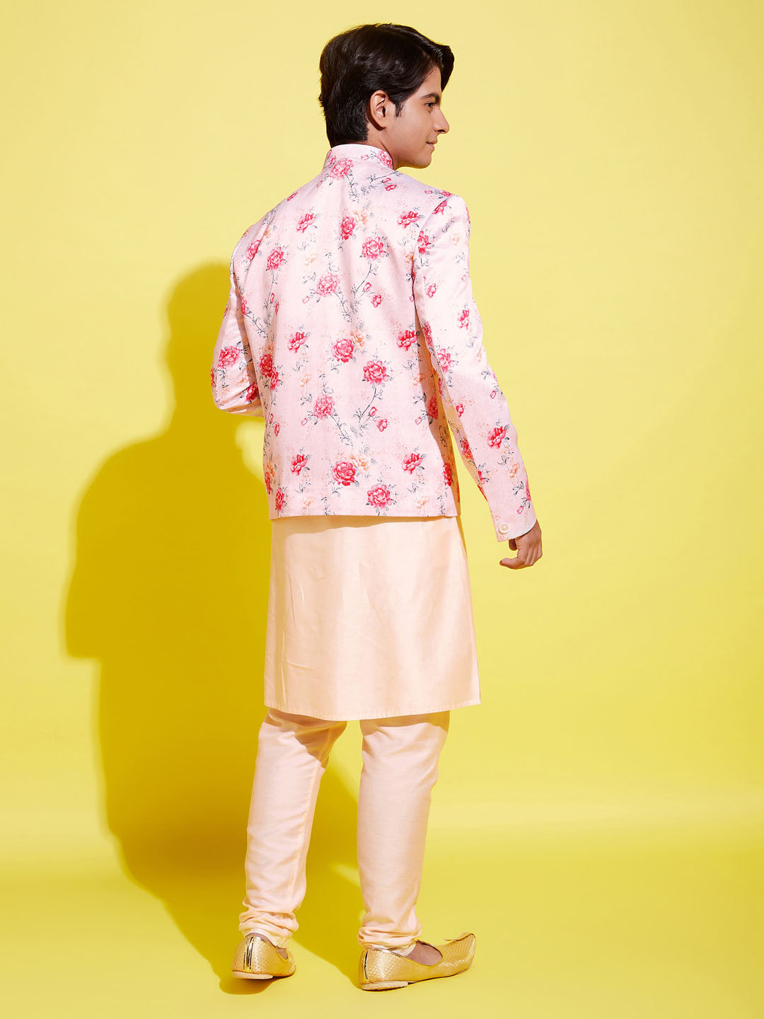Floral Printed Peach Bandhgala Prince Coat Jodhpuri With Cream Kurta Pyjama Set