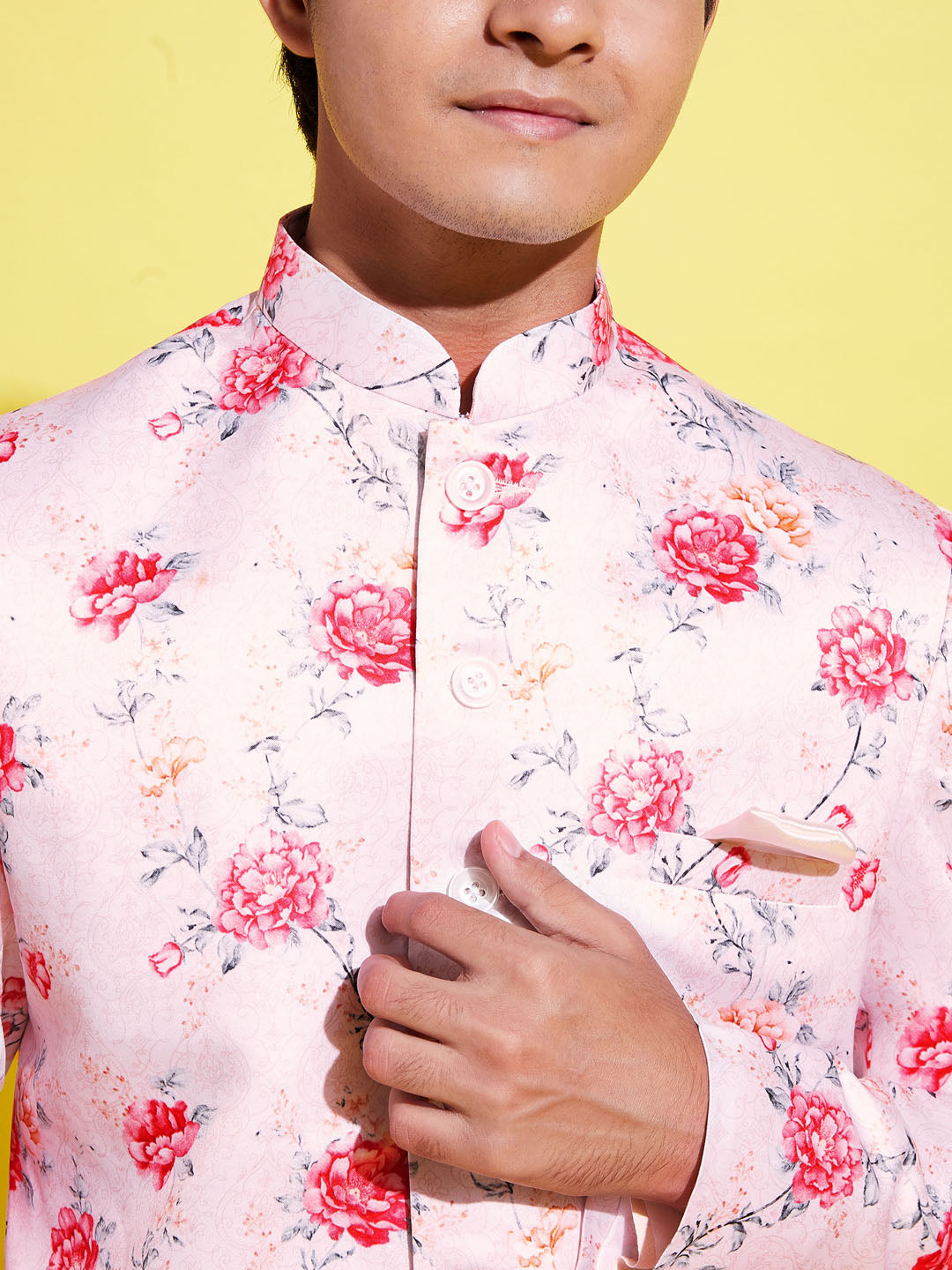 Floral Printed Peach Bandhgala Prince Coat Jodhpuri With Cream Kurta Pyjama Set