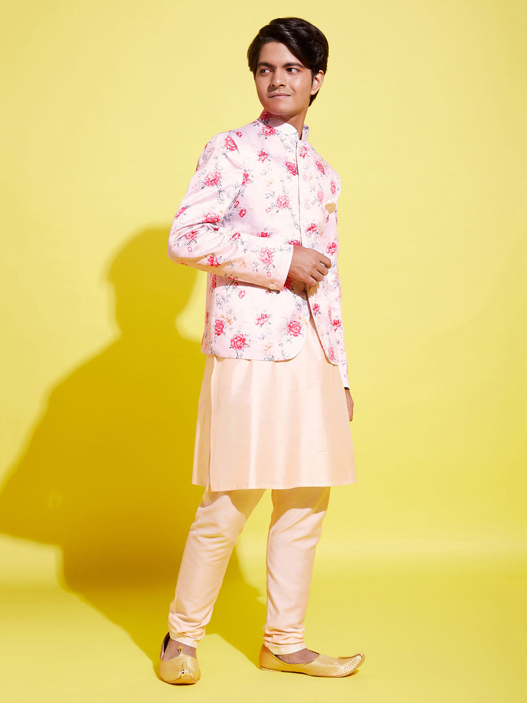 Floral Printed Peach Bandhgala Prince Coat Jodhpuri With Cream Kurta Pyjama Set