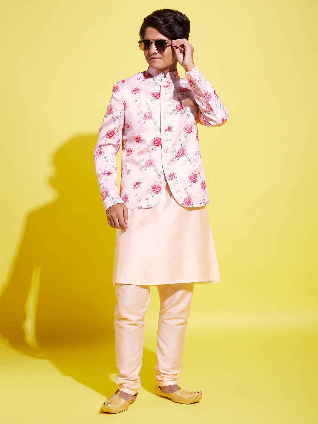 Floral Printed Peach Bandhgala Prince Coat Jodhpuri With Cream Kurta Pyjama Set