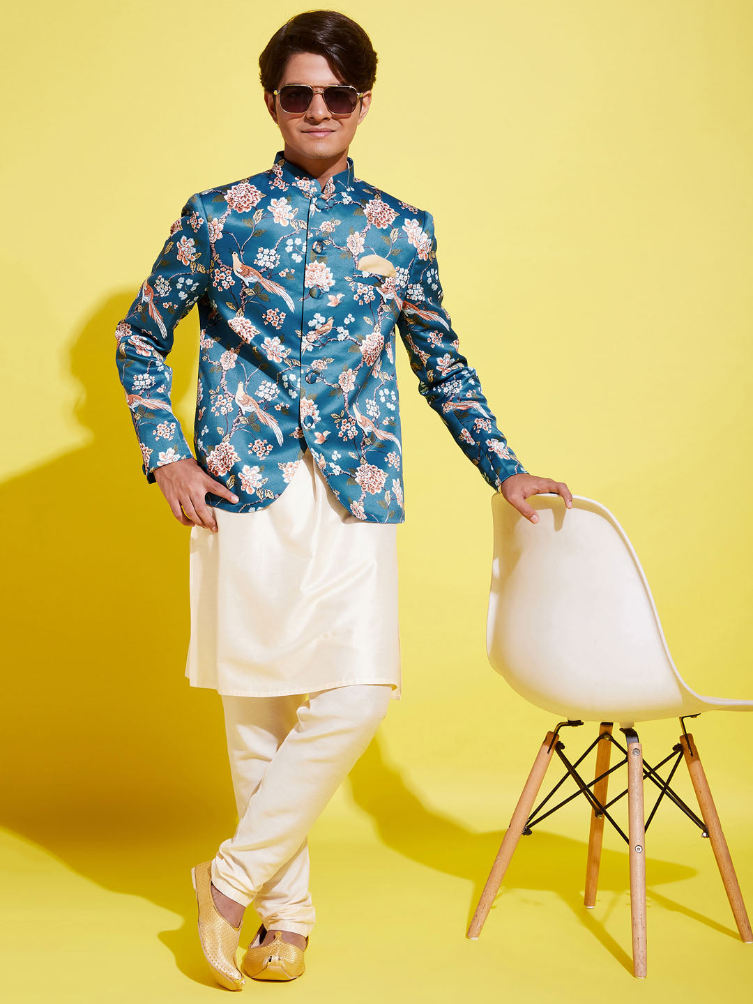 Floral Printed Turquoise Blue Bandhgala Prince Coat Jodhpuri With Cream Kurta Pyjama Set