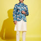 Floral Printed Turquoise Blue Bandhgala Prince Coat Jodhpuri With Cream Kurta Pyjama Set