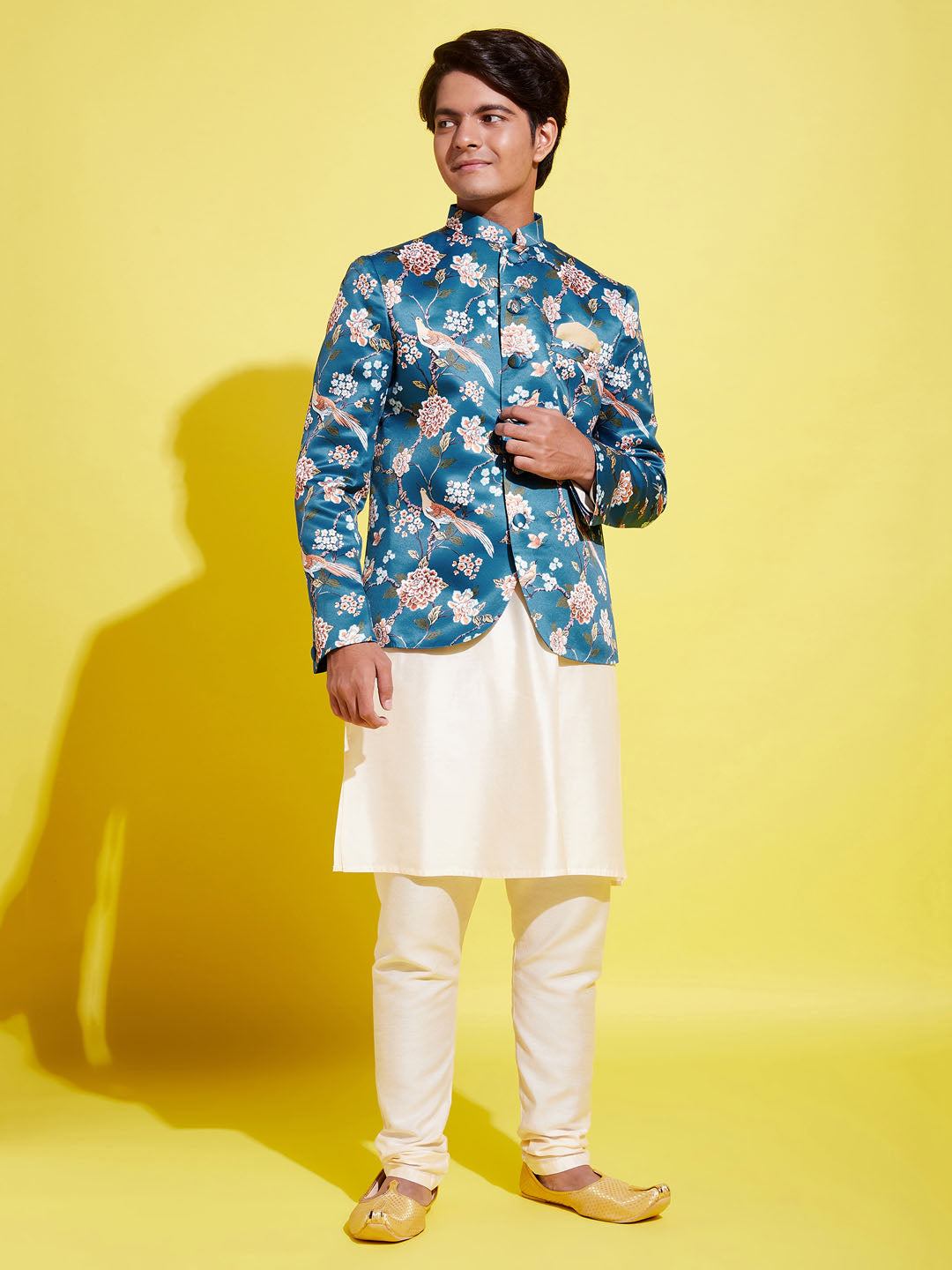 Floral Printed Turquoise Blue Bandhgala Prince Coat Jodhpuri With Cream Kurta Pyjama Set