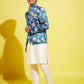 Floral Printed Turquoise Blue Bandhgala Prince Coat Jodhpuri With Cream Kurta Pyjama Set