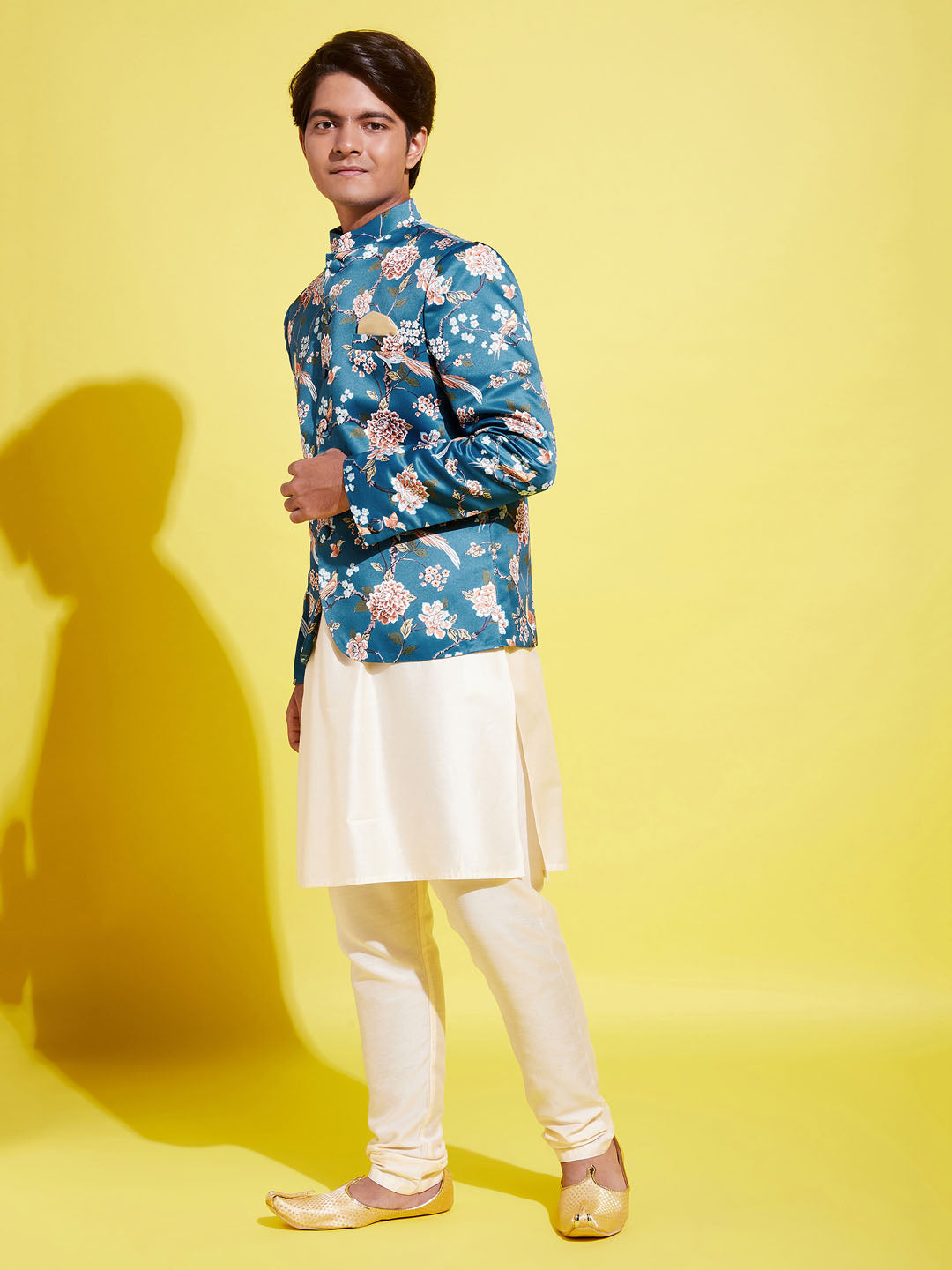 Floral Printed Turquoise Blue Bandhgala Prince Coat Jodhpuri With Cream Kurta Pyjama Set