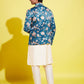Floral Printed Turquoise Blue Bandhgala Prince Coat Jodhpuri With Cream Kurta Pyjama Set