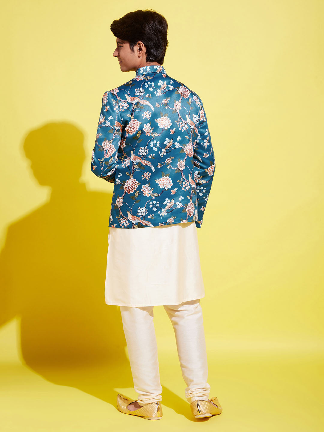 Floral Printed Turquoise Blue Bandhgala Prince Coat Jodhpuri With Cream Kurta Pyjama Set