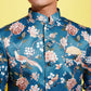 Floral Printed Turquoise Blue Bandhgala Prince Coat Jodhpuri With Cream Kurta Pyjama Set