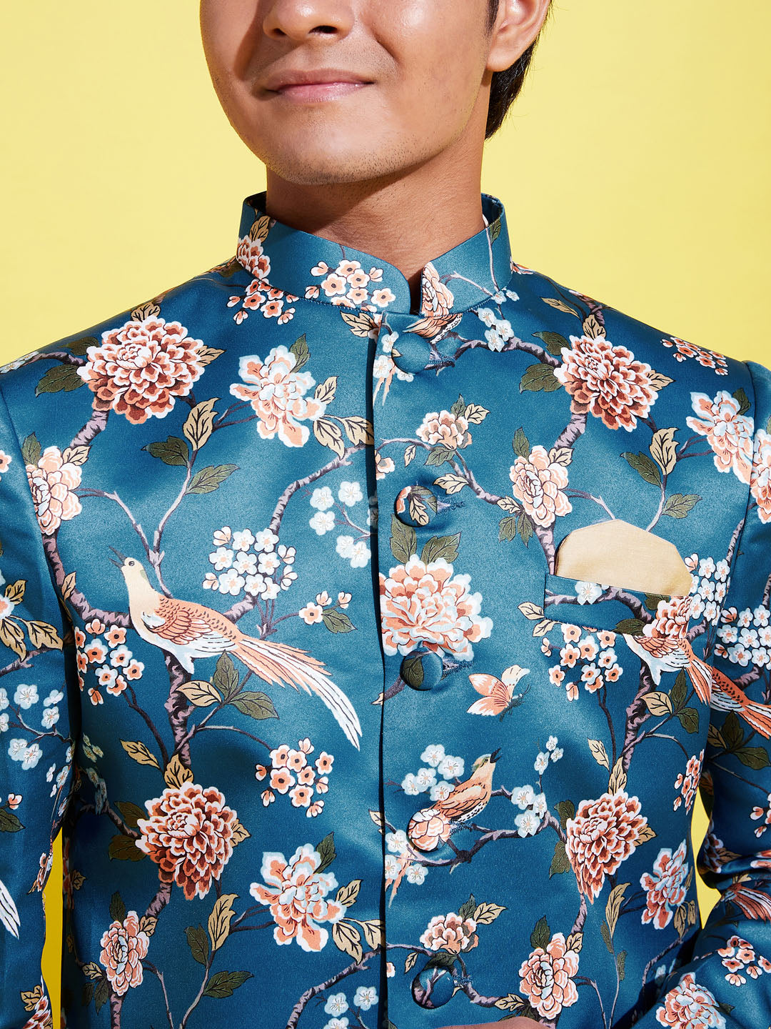 Floral Printed Turquoise Blue Bandhgala Prince Coat Jodhpuri With Cream Kurta Pyjama Set