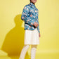Floral Printed Turquoise Blue Bandhgala Prince Coat Jodhpuri With Cream Kurta Pyjama Set