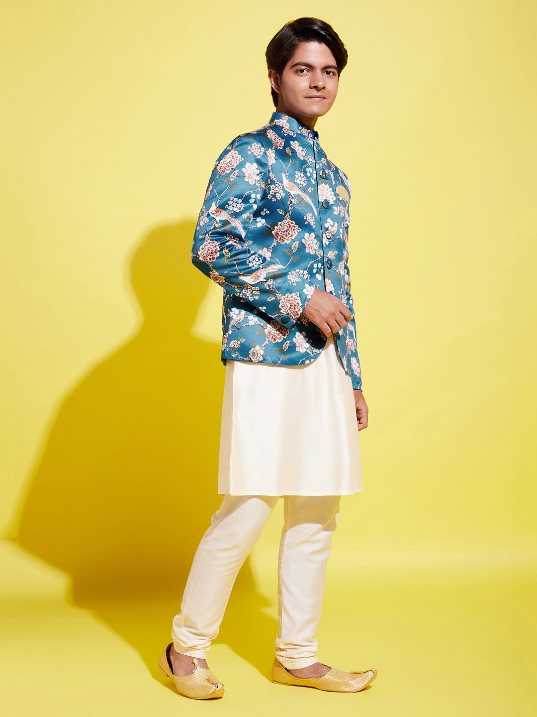 Floral Printed Turquoise Blue Bandhgala Prince Coat Jodhpuri With Cream Kurta Pyjama Set
