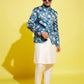 Floral Printed Turquoise Blue Bandhgala Prince Coat Jodhpuri With Cream Kurta Pyjama Set