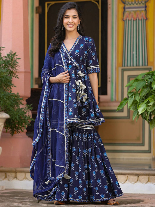 Printed Mirror Work Gotta Patti Angrakha Pure Cotton Kurta with Sharara & Dupatta