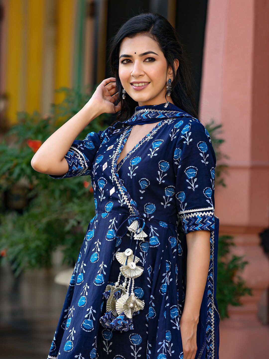Printed Mirror Work Gotta Patti Angrakha Pure Cotton Kurta with Sharara & Dupatta