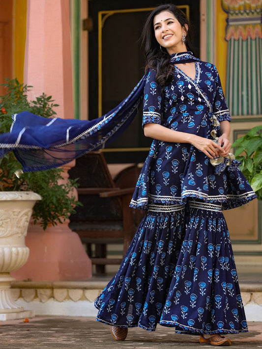 Printed Mirror Work Gotta Patti Angrakha Pure Cotton Kurta with Sharara & Dupatta