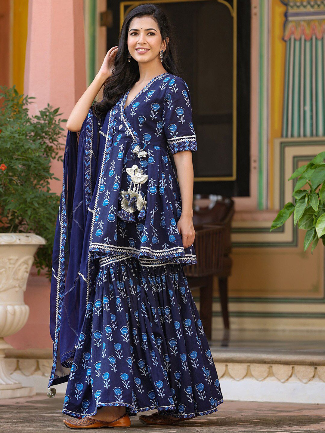 Printed Mirror Work Gotta Patti Angrakha Pure Cotton Kurta with Sharara & Dupatta