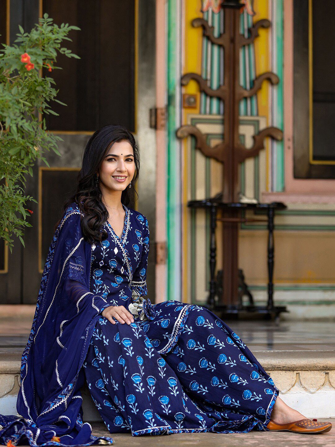Printed Mirror Work Gotta Patti Angrakha Pure Cotton Kurta with Sharara & Dupatta