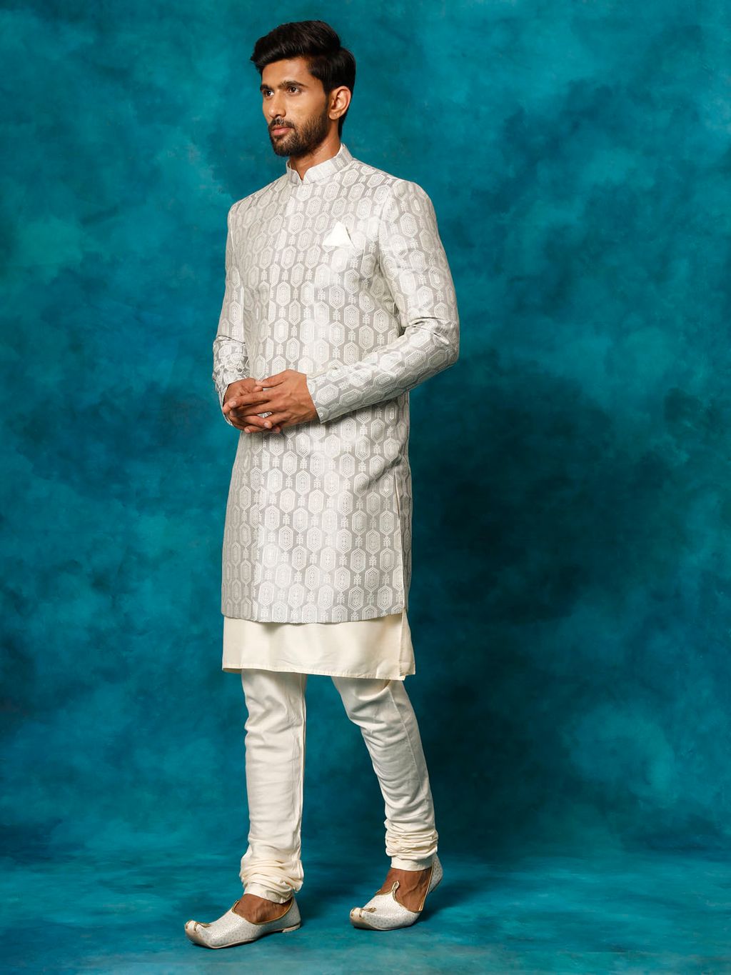 Grey Silk Blend Wedding Wear  Men's Indo Western Set