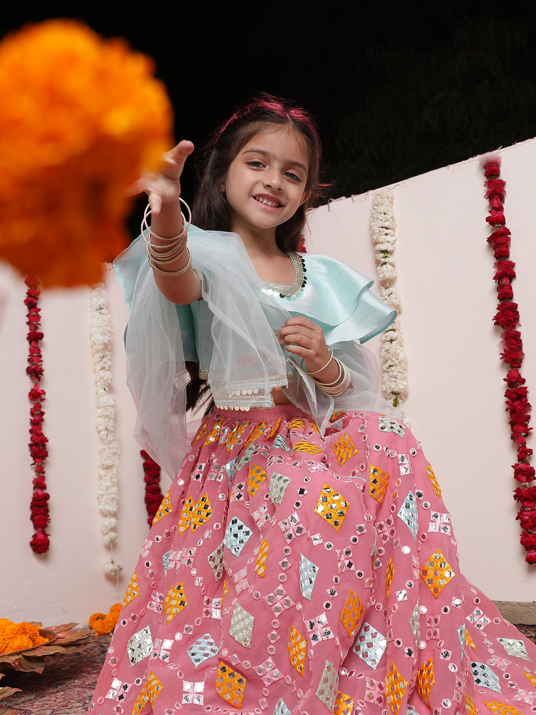 Girl's' Aqua And Pink Georgette Lehenga Set