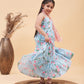 Girl's Aqua Blue Floral Print Anarkali With Pink Dupatta