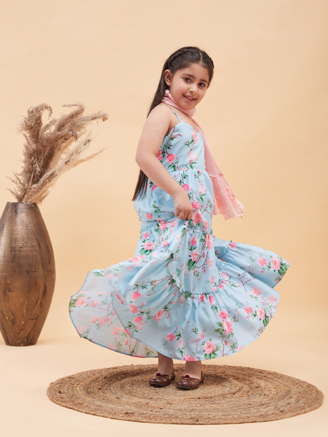 Girl's Aqua Blue Floral Print Anarkali With Pink Dupatta