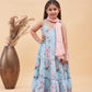 Girl's Aqua Blue Floral Print Anarkali With Pink Dupatta