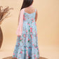 Girl's Aqua Blue Floral Print Anarkali With Pink Dupatta