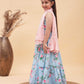 Girl's Aqua Blue Floral Print Anarkali With Pink Dupatta