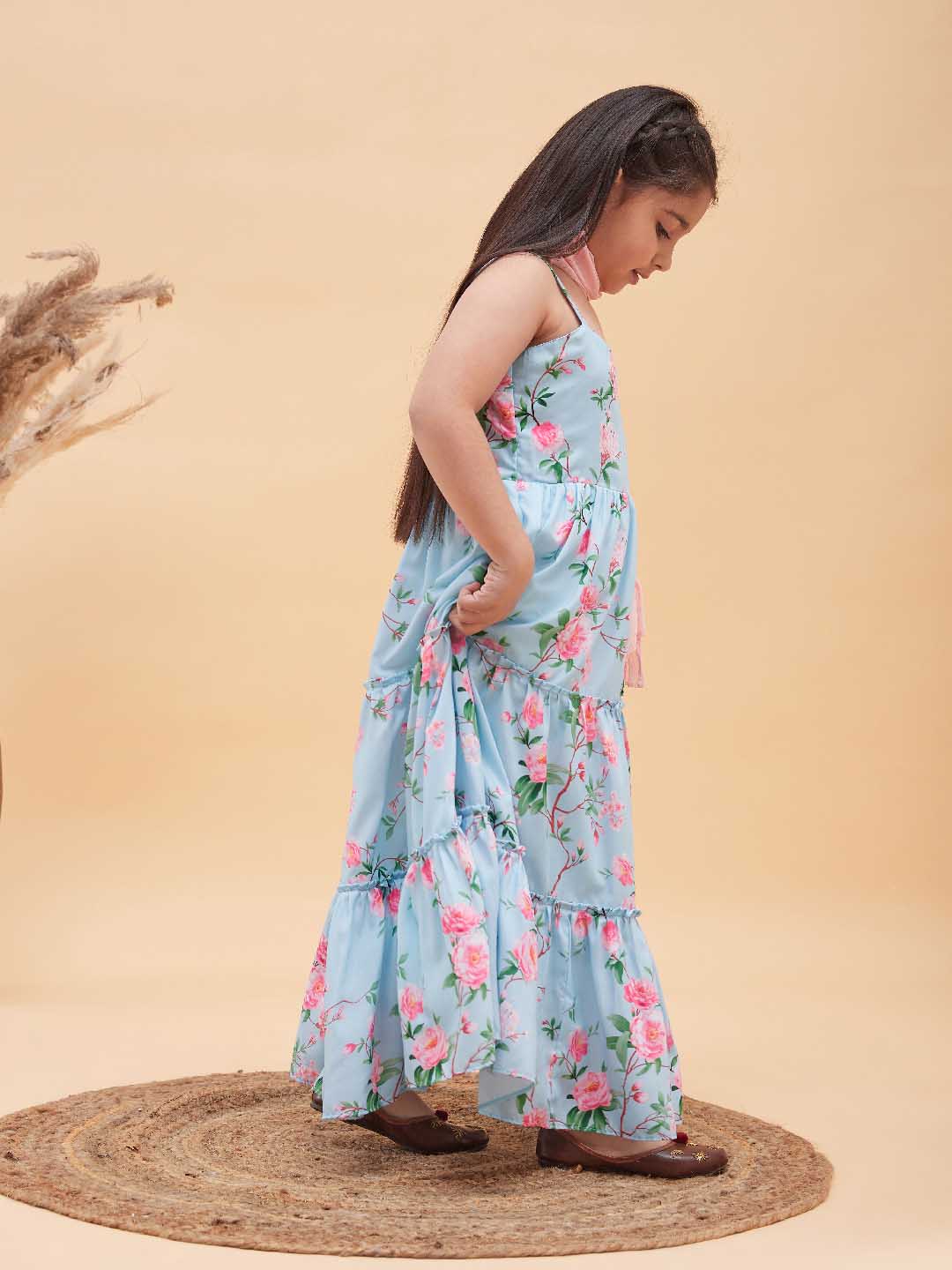 Girl's Aqua Blue Floral Print Anarkali With Pink Dupatta