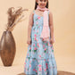 Girl's Aqua Blue Floral Print Anarkali With Pink Dupatta