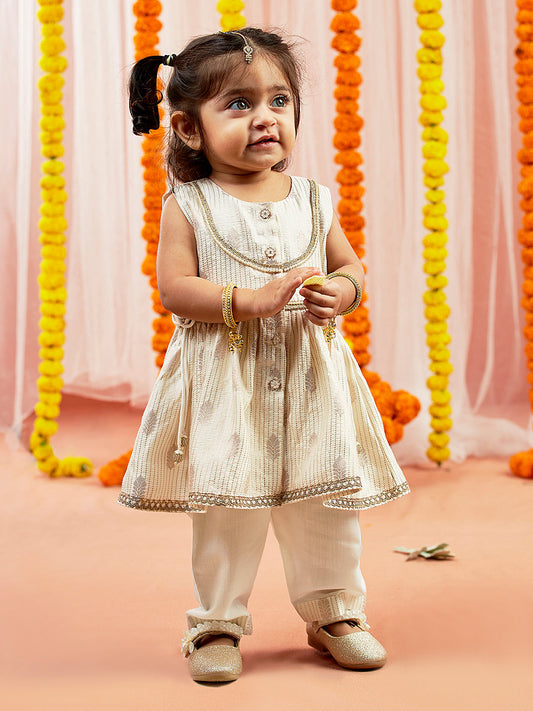 Girls' cream kurta pant set