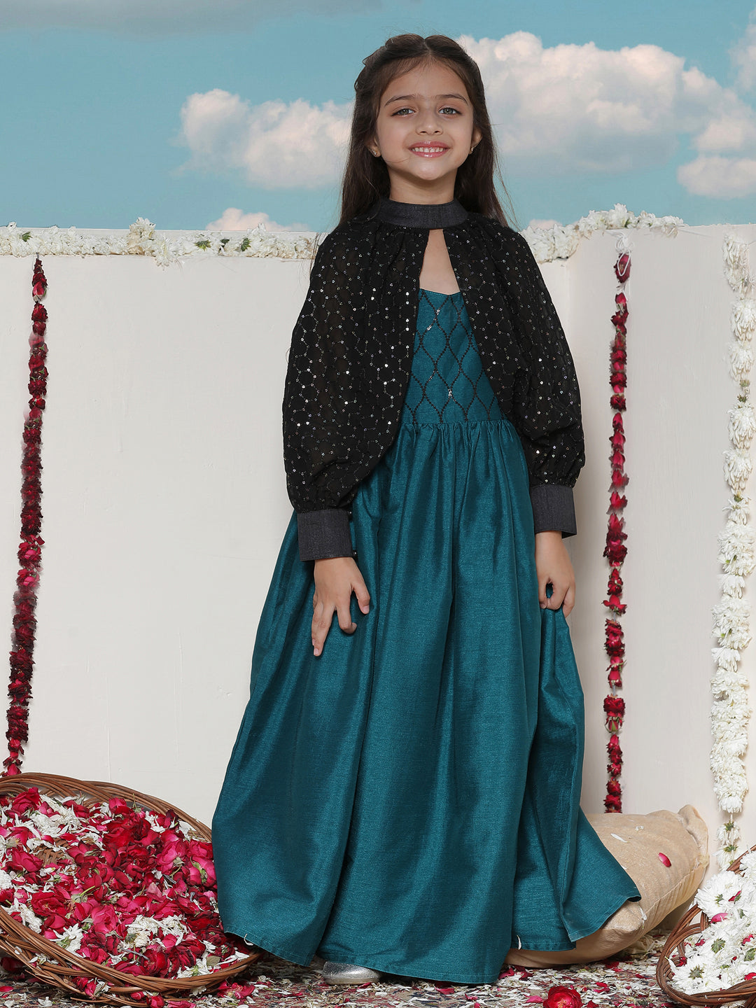 Girl's' Green Sequinced Long Dress With Detachable Cuff Sleeves
