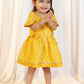 Girl's Mustard Jacquard Angrakha Kurta with Pant, Hairband, Shoe & Swaddle Set
