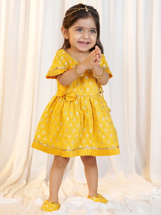 Girl's Mustard Jacquard Angrakha Kurta with Pant, Hairband, Shoe & Swaddle Set