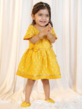 Girl's Mustard Jacquard Angrakha Kurta with Pant, Hairband, Shoe & Swaddle Set