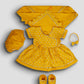 Girl's Mustard Jacquard Angrakha Kurta with Pant, Hairband, Shoe & Swaddle Set
