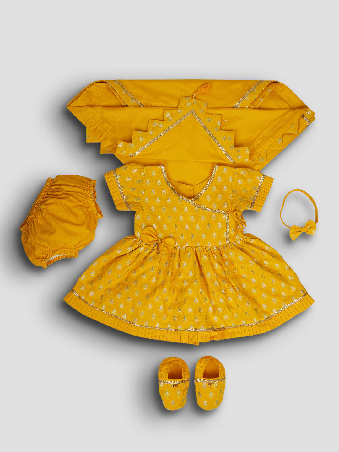 Girl's Mustard Jacquard Angrakha Kurta with Pant, Hairband, Shoe & Swaddle Set