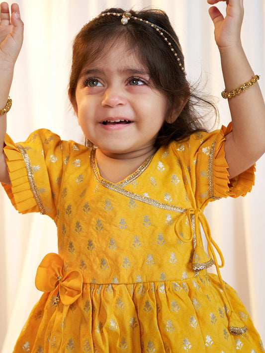 Girl's Mustard Jacquard Angrakha Kurta with Pant, Hairband, Shoe & Swaddle Set