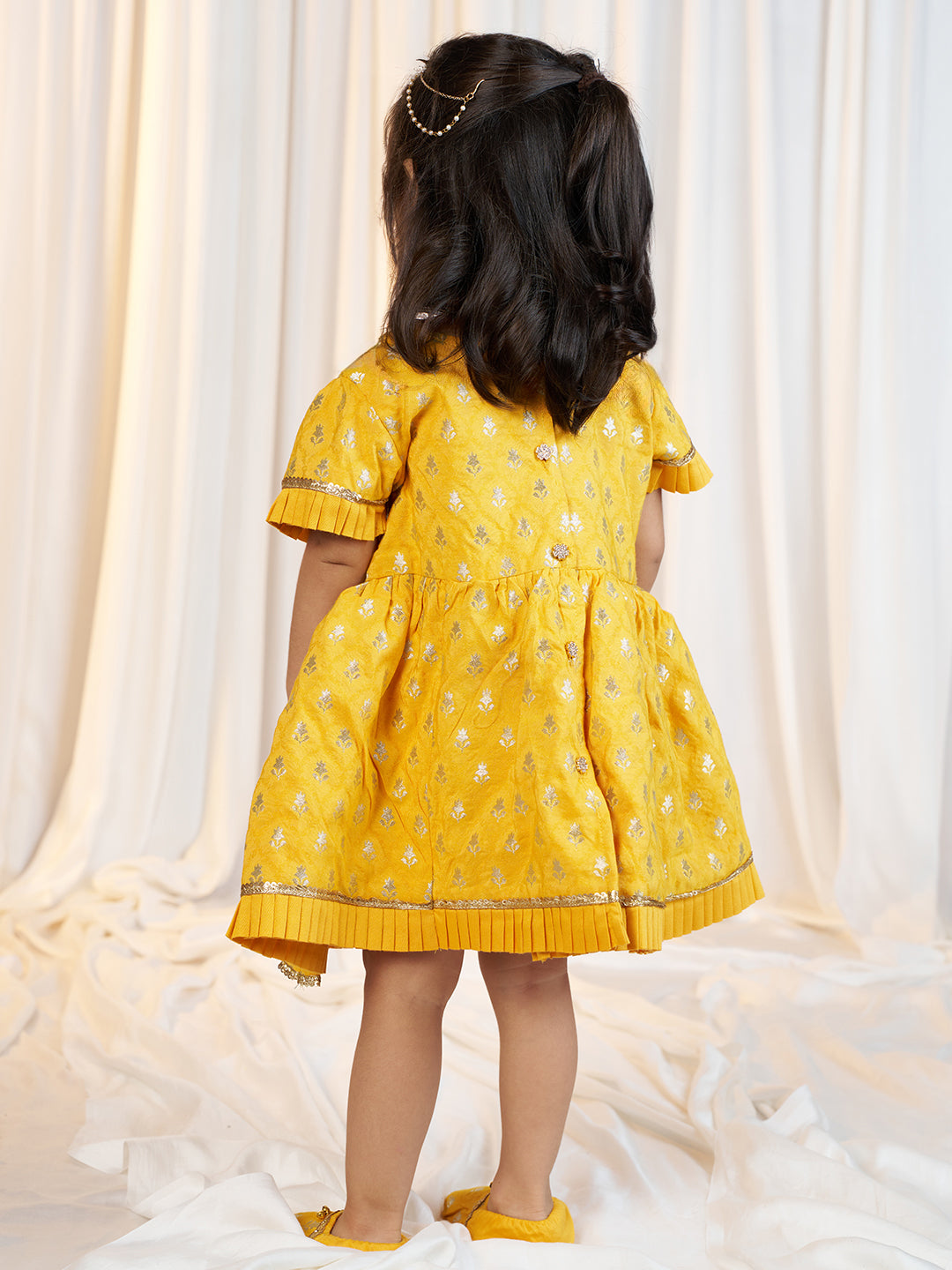 Girl's Mustard Jacquard Angrakha Kurta with Pant, Hairband, Shoe & Swaddle Set