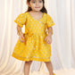 Girl's Mustard Jacquard Angrakha Kurta with Pant, Hairband, Shoe & Swaddle Set