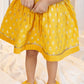 Girl's Mustard Jacquard Angrakha Kurta with Pant, Hairband, Shoe & Swaddle Set