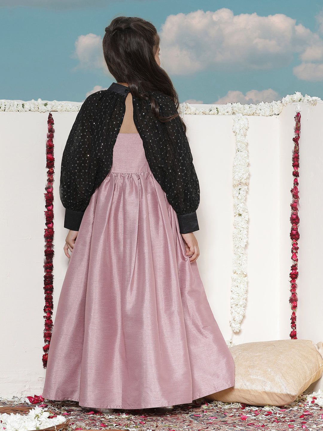 Girl's' Pink Sequinced Long Dress With Detachable Cuff Sleeves